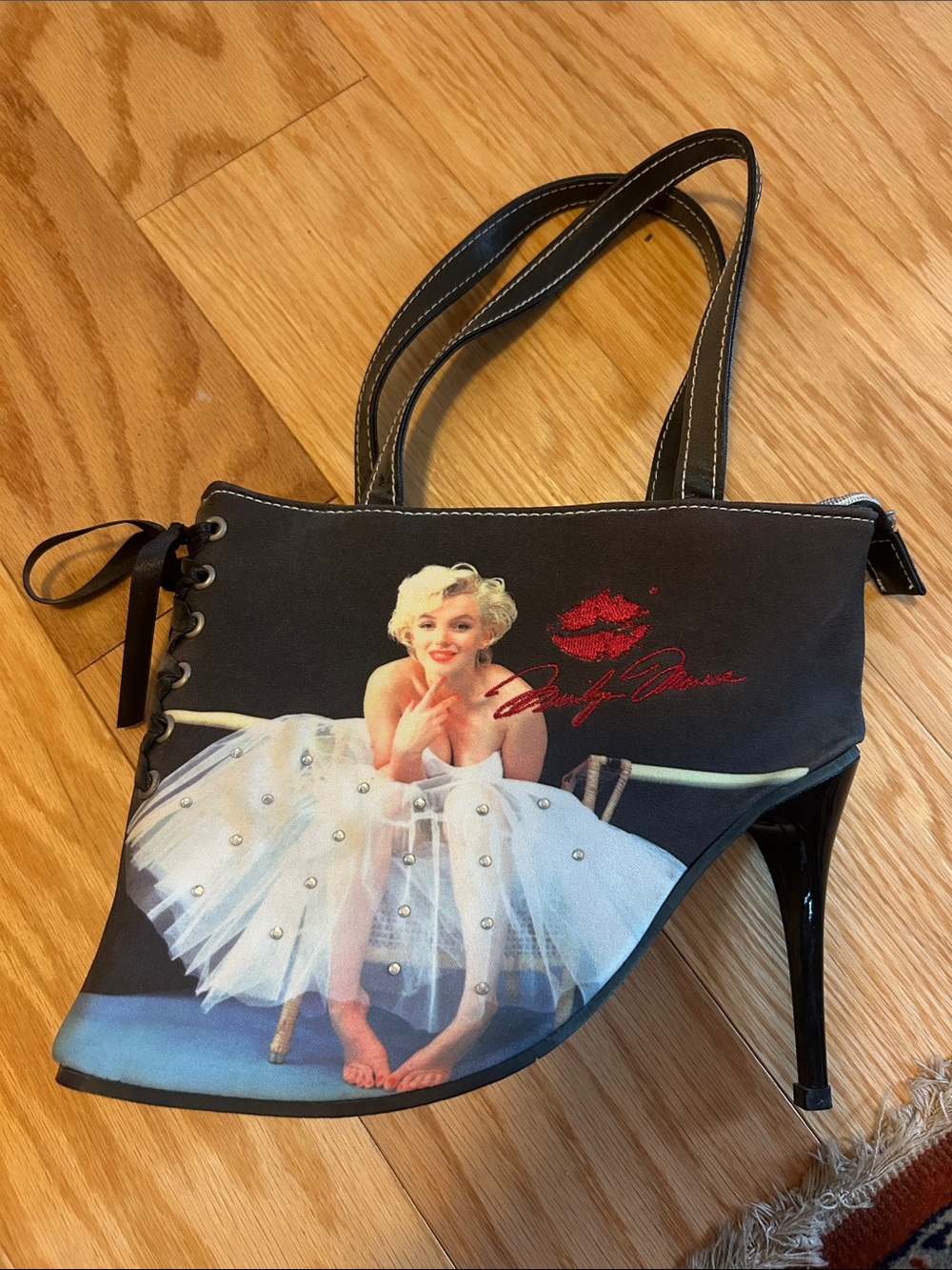 Black Novelty High-Heel Tote Bag with Embellished Print